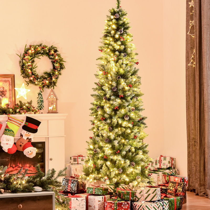 Arbre de Noël 7,5 pi avec 350 lumières à DEL, 1075 pointes, pin, baies rouges, vaste attrait artificiel