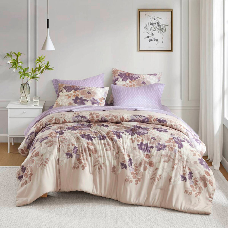 Ensemble d'édredon floral avec draps Taupe