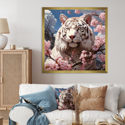 Fleur rose rose, tigre blanc II, art mural tigre