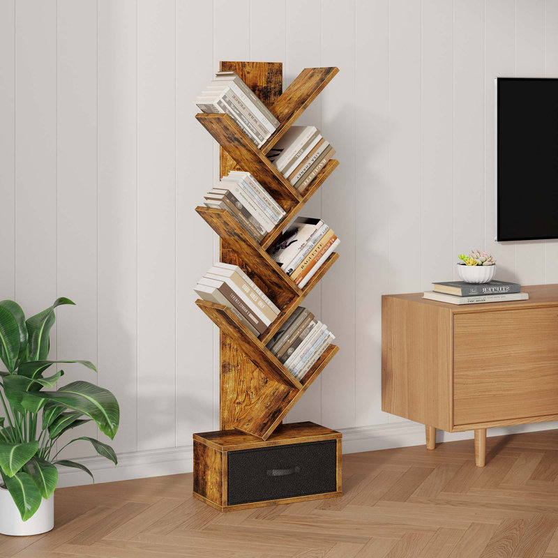 Tree Bookshelf with Drawer Bookcase, Modern Book Storage, Free Standing Tree Bookcase, Utility Organizer Shelves for Home Office, Living Room, Bedroom, Rustic Brown