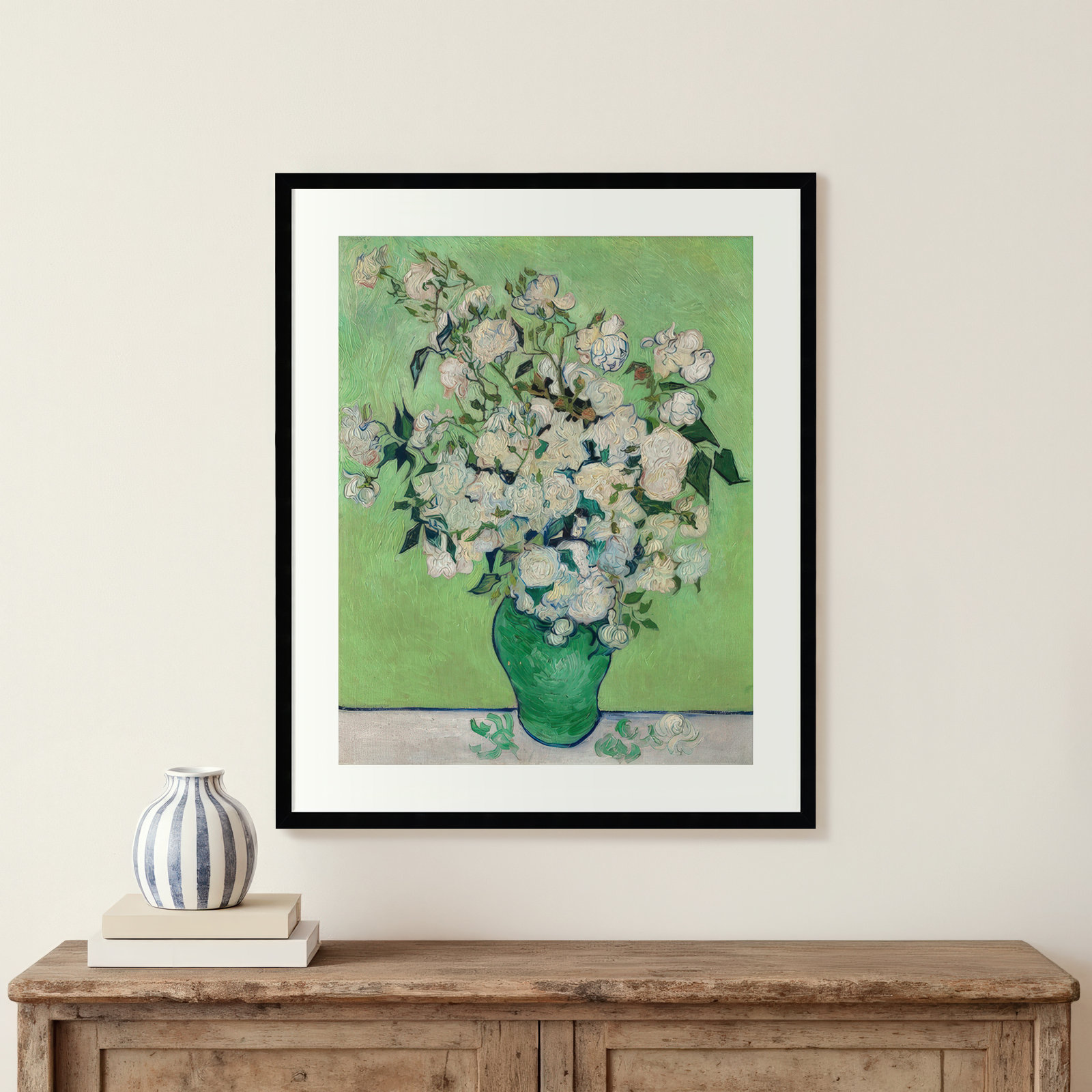 Roses, 1890 (Green Vase) Painting, 33.07" H x 27.32" W x 0.88" D, Black