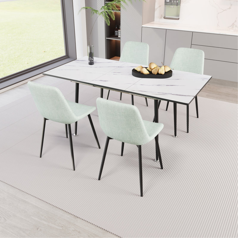 Ensemble de table de salle à manger et de chaise de 47 à 63 po en bois aggloméré moderne extensible de 47 à 63 po, pouvant accueillir 2 à 6 personnes, table de salle à manger blanche et chaise de salle à manger moderne vert clair, base en métal et chaise en lin