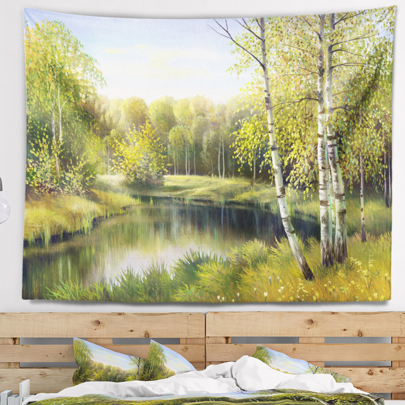 Paysage calme tapisserie de la rivière d'automne, H 32 po x l 39 po