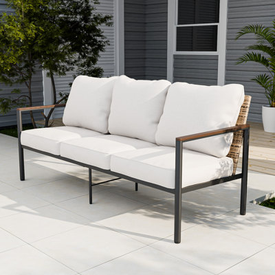 Outdoor Patio Metal Frame Wicker Backrest Wood Grain Armrest 3-Seat Sofa with Cushions