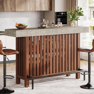 62.99" Red Brown & Gray Cement Large Home Bar Unit , 2-Tier Modern Mini Bar Height Pub Table For Living Room