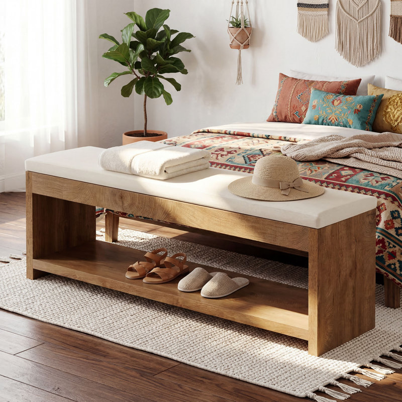 Banc de bout de lit avec coussin pour chambre à coucher, banc de rangement en bois avec étagère à chaussures de rangement 55,1 pouces