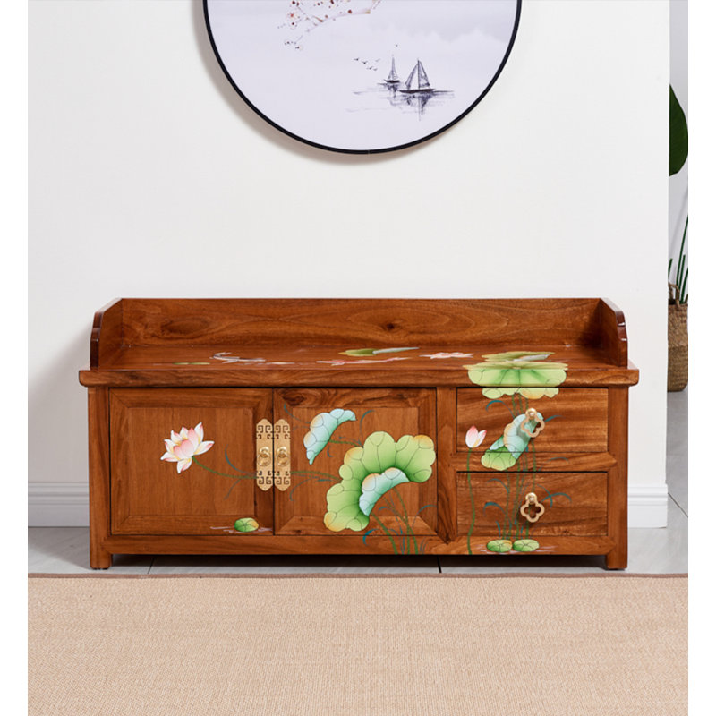 Banc de rangement en bois massif à motif de fleurs et d'oiseaux peint à la main