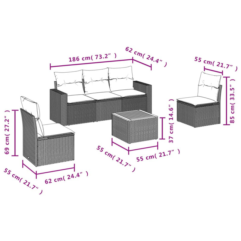 Ensemble de canapé de patio 6 pièces avec coussins en rotin de polyester, Bleu clair, Noir