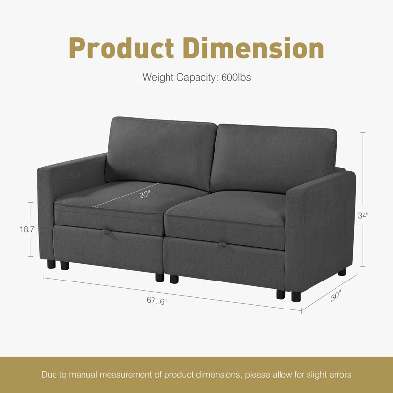 Tienna 67.6'' Square Arm Modular 2 Seat Loveseat with Under Seat Storage, Gray