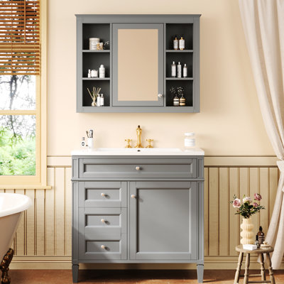 Meuble-lavabo moderne de 36 po avec armoire à pharmacie, lavabo simple en céramique, fonction de fermeture en douceur, 3 tiroirs, conception de déversement, matériaux, assemblage et rangement faciles, trou, finition à l'eau
