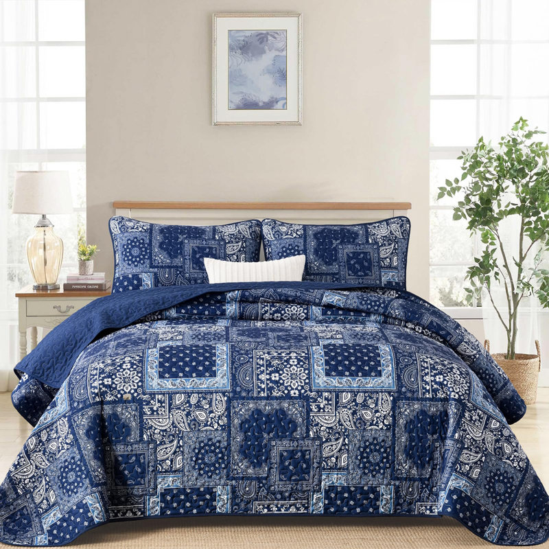 Ensemble de courtepointe 3 pièces à motif floral et motif cachemire Boho, Courtepointe pour très grand lit et 2 taies d'ore
