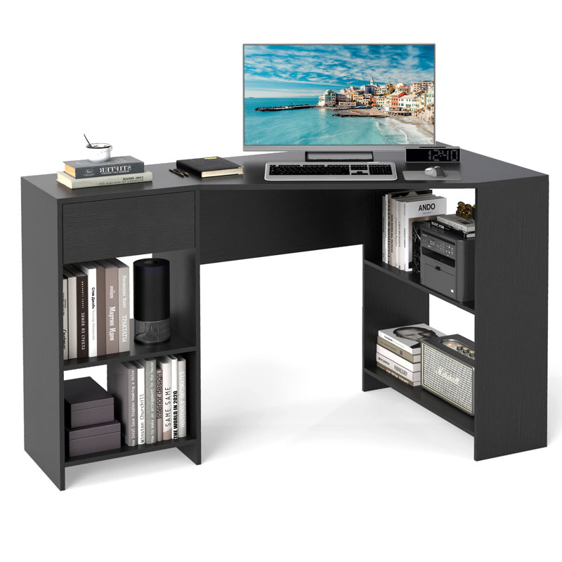 L-Shaped Computer Desk Compact Corner Executive Desk W/Storage-White, Black