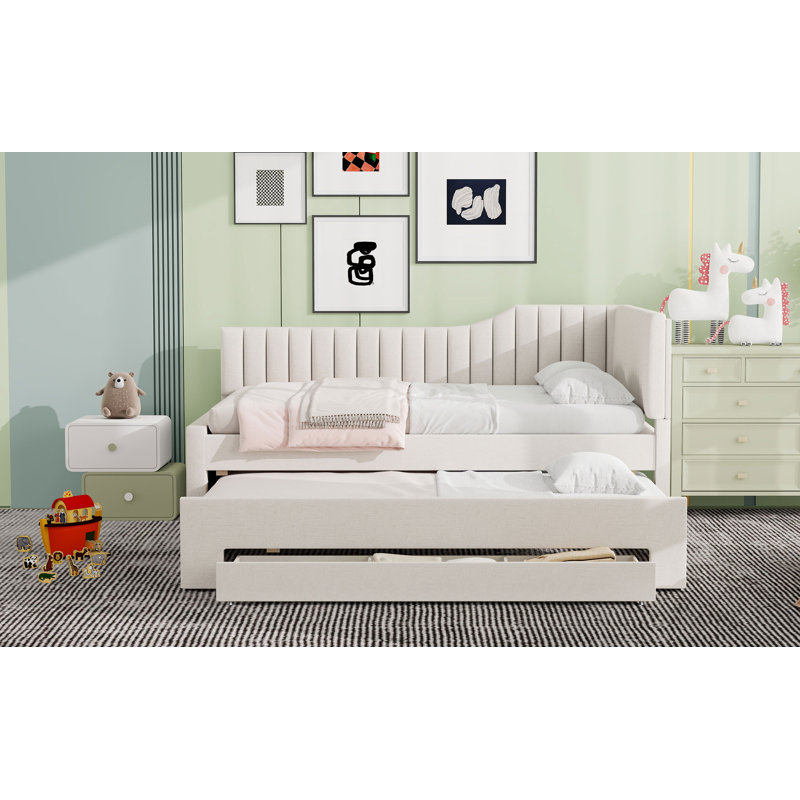 Lit de jour double rembourré avec lit gigogne et trois tiroirs, beige, Beige
