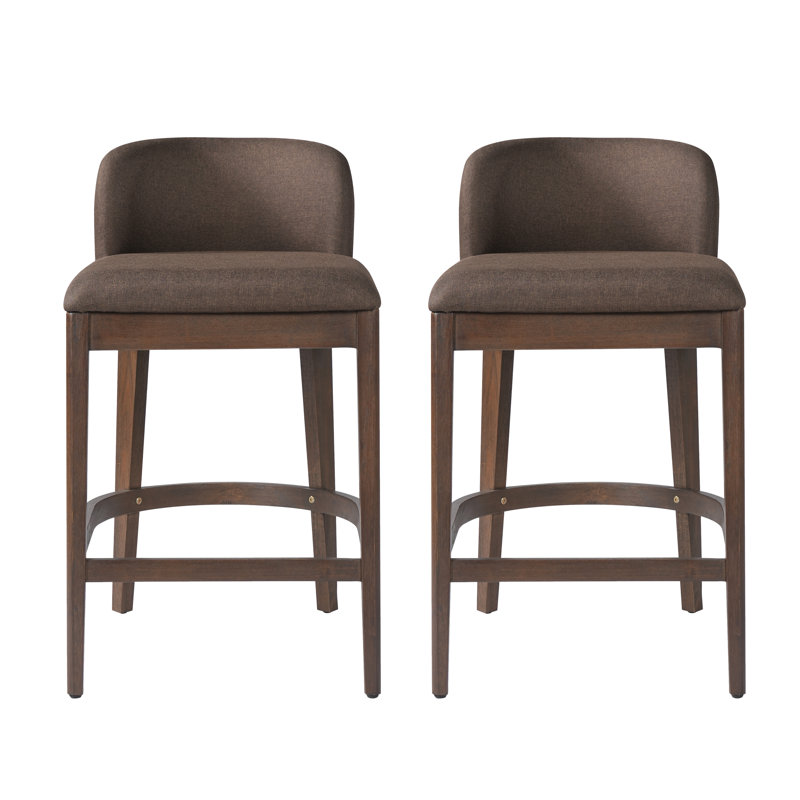 Tabouret de bar Harlow moderne et contemporain en bois d'hévéa avec support à poutre arquée, Siège taupe / structure noyer, 2