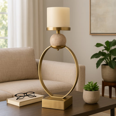 Bougeoir pilier sculptural décoratif Hayslett avec sphère de marbre pour la décoration intérieure - Bougeoir de table moderne en métal pour le salon