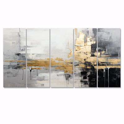 Or, ville dorée, blanc, gris, noir, toile d'art abstraite, 5 pièces