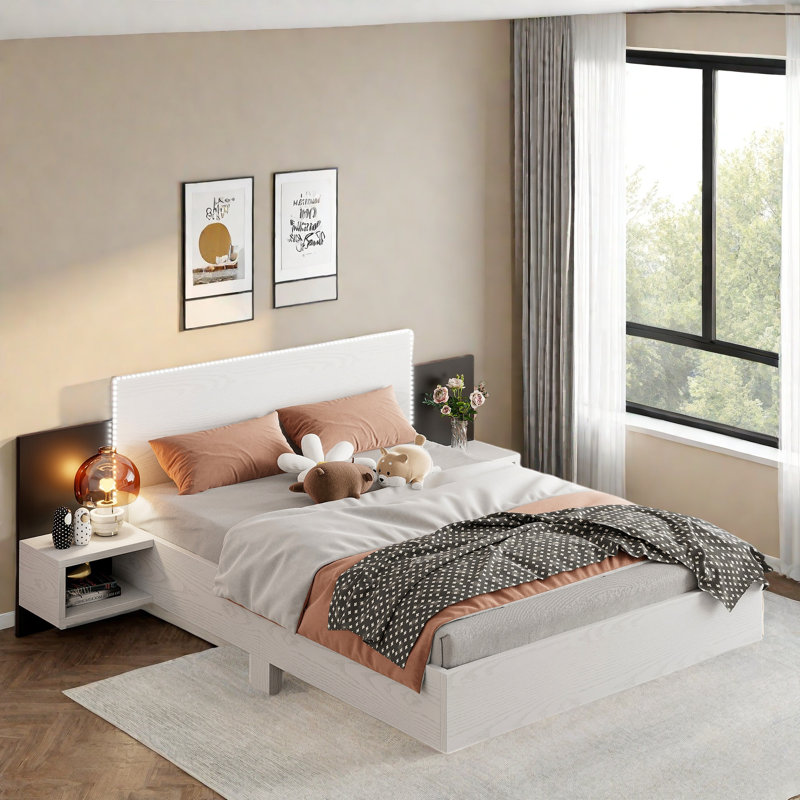 Wooden Floating Platform Bed With Led Lights And Built-in Nightstands, White, Queen