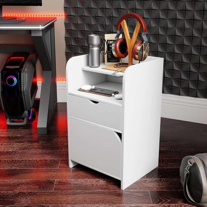 Table de chevet multi-rangement avec tiroir et armoire, table d'appoint compacte avec tablettes ouvertes pour la chambre à coucher, table de chevet fonctionnelle
