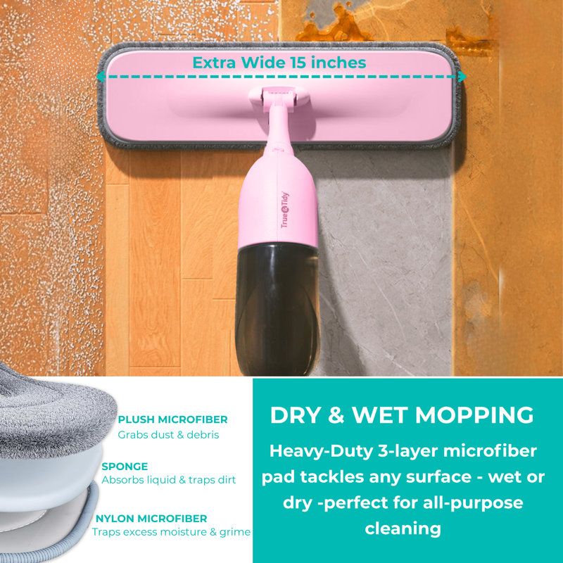 True & Tidy 360 Spray Mop With 3 Interchangeable Heads, Pink