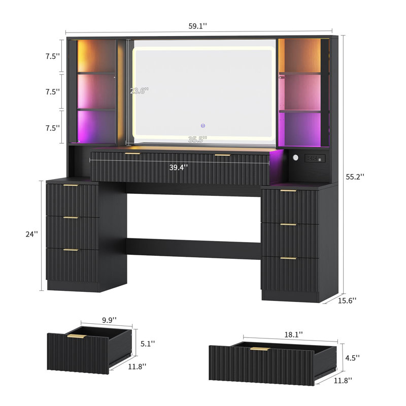 59.1" Fluted Wood Makeup Vanity Desk With Mirror And Led Lights, Large Vanity Dressing Table, 8 Drawers, 2 Glass Cabinets, With Charging Station, Black