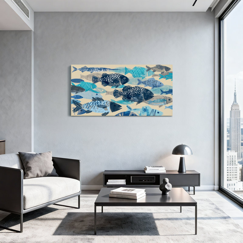Reproduction d'art aquarelle avec motif de poissons bleus, H 16 po x l 32 po