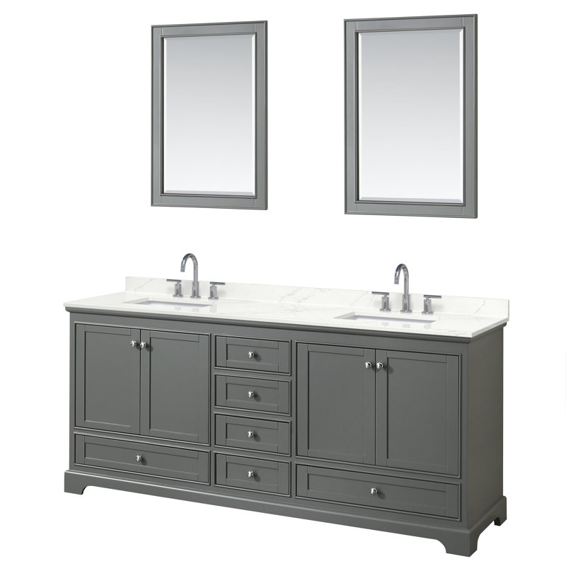 Meuble-lavabo double autoportant Deborah avec plateau en quartz, Quartz Giotto, Gris foncé, Chrome poli