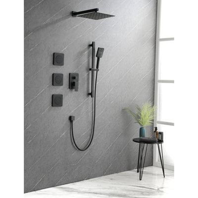 Shower System Matte Black Design. Head, Hand Shower, Slide Bar, Bodysprays, Arm, Hose, Valve Trim, Lever Handles. Simulates Natural Rain. Wall Mounted. Brass Assembly With Unclogged Nozzle. .