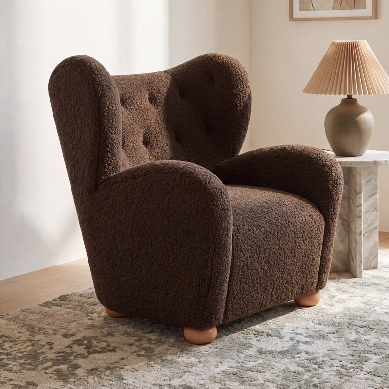 Levin Wingback Accent Chair, Dark Brown Faux Shearling