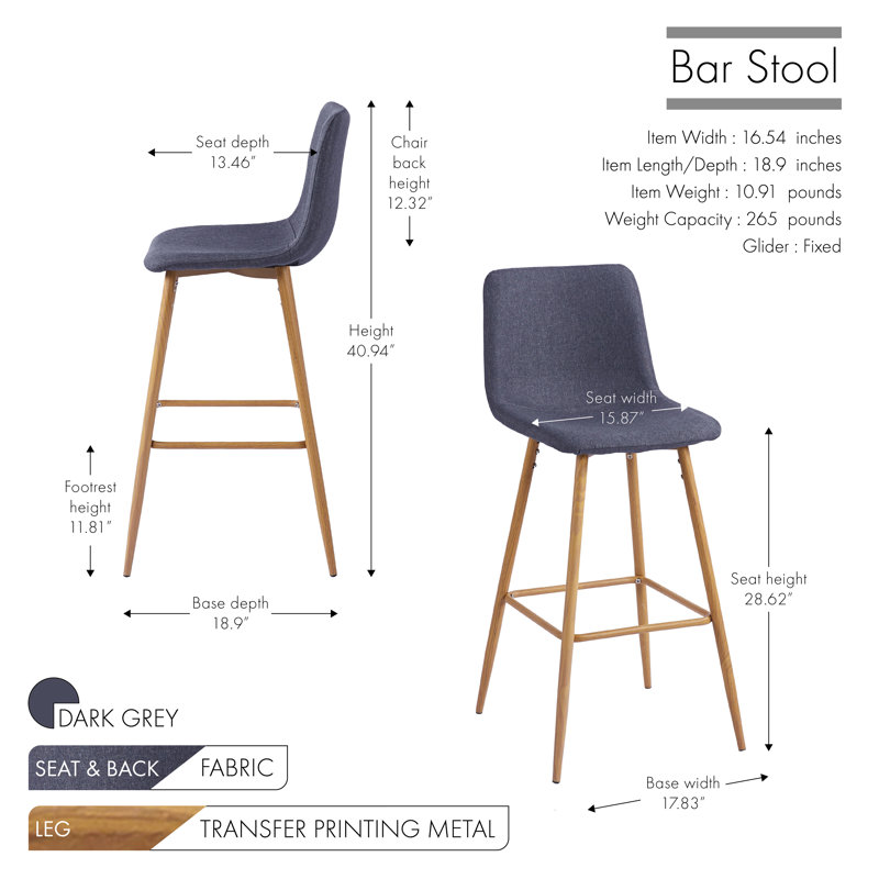Ensemble de 2 tabourets de bar Corrigan Studio® Eila, revêtement en tissu, pieds en métal, Gris foncé