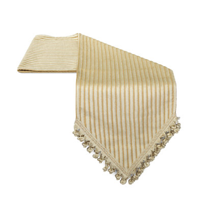 Fancy Vertical Stripe European Imported Cut-Velvet Jacquard Table Runner With Fancy Ball Fringe Trim. Not Lined.