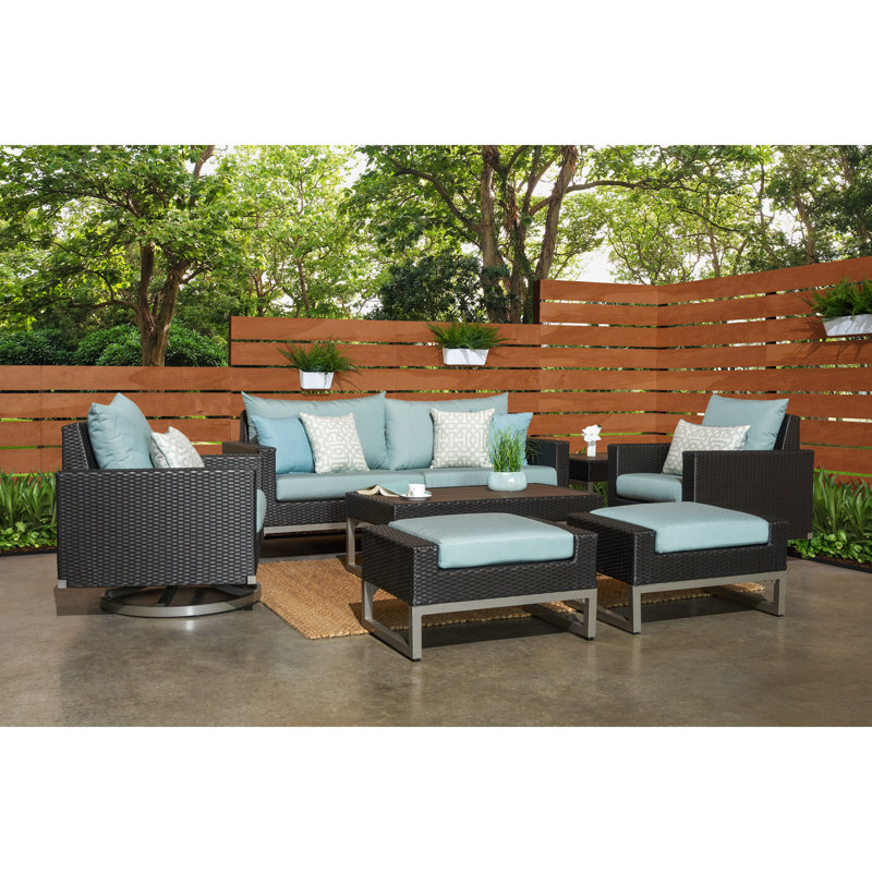 Sameko 7 Piece Rattan Sofa Seating Group With Sunbrella Cushion Covers, Brown, Canvas Spa Sunbrella® Canvas