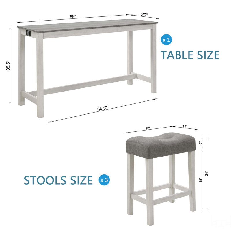 4 Piece Bar Table Set With Power Outlet,Bar Table Set With Chairs,Sofa Bar Table With Stools,Behind Couch Table With 3 Padded Stools
