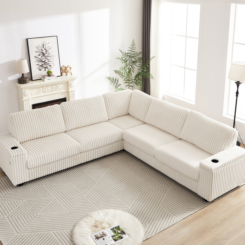 Canapé modulaire en velours côtelé de 110 pouces avec porte-gobelet et rangement pour deux espaces de rangement