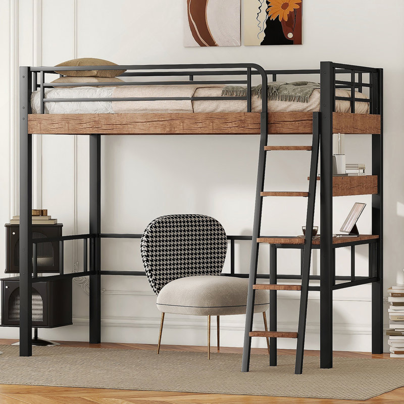 Lit mezzanine en métal avec tablette de rangement intégrée et échelle, Lit simple