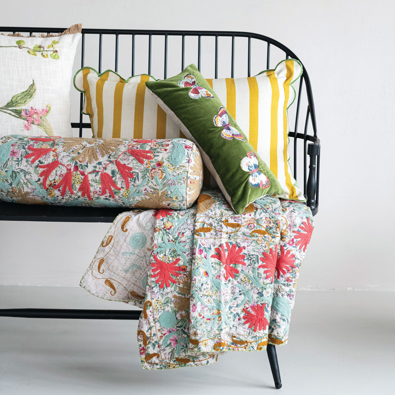 Stonewashed Cotton Voile Bolster Pillow With Suzani Pattern And Hand-Embroidered Kantha Stitch