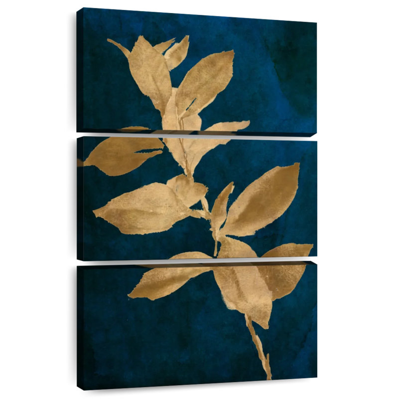 Harnek, feuilles d'or sur bleu marine IV, H 45 po x l 28 po