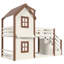 Lit superposé simple au dessus d'un lit simple avec escaliers de rangement, toit et fenêtres de maison de jeu, structure en bois massif, beige et naturel
