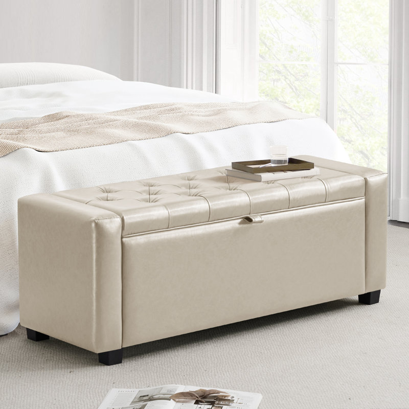 Banc de rangement rembourré en similicuir 43 po, repose-pieds capitonné pour le salon, la chambre à coucher, le vestibule, beige