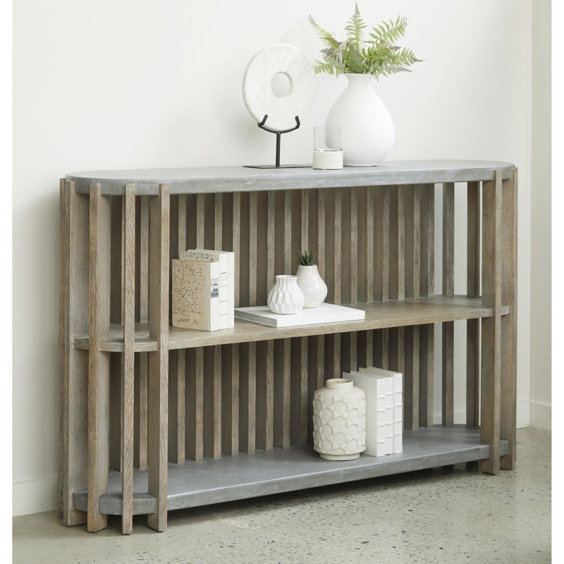 Beige and Gray Wood Slat Display Console with Concrete Top