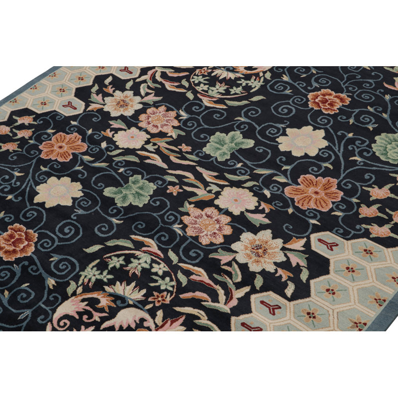 Art Deco Hand Knotted Wool Floral Area Rug, Rectangle 13' x 19'