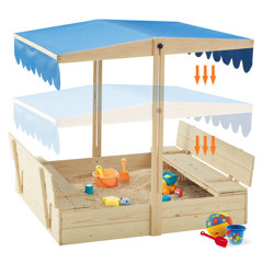 43.7" x 43.7" Solid Wood Square Play Sandbox with Cover