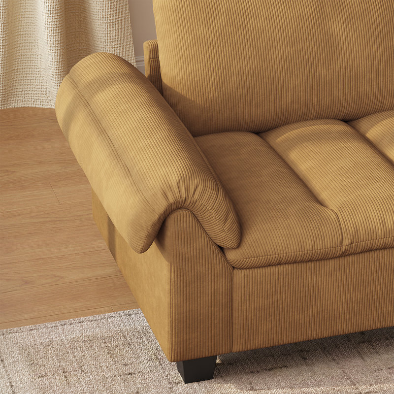 96" Modern 3 - Seater Sofa Couch with Upholstered Armrests, Corduroy Fabric Couch for Living Room & Apartment, Yellow