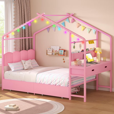 Lit plateforme simple avec bureau, rangement et lumières DEL, rose