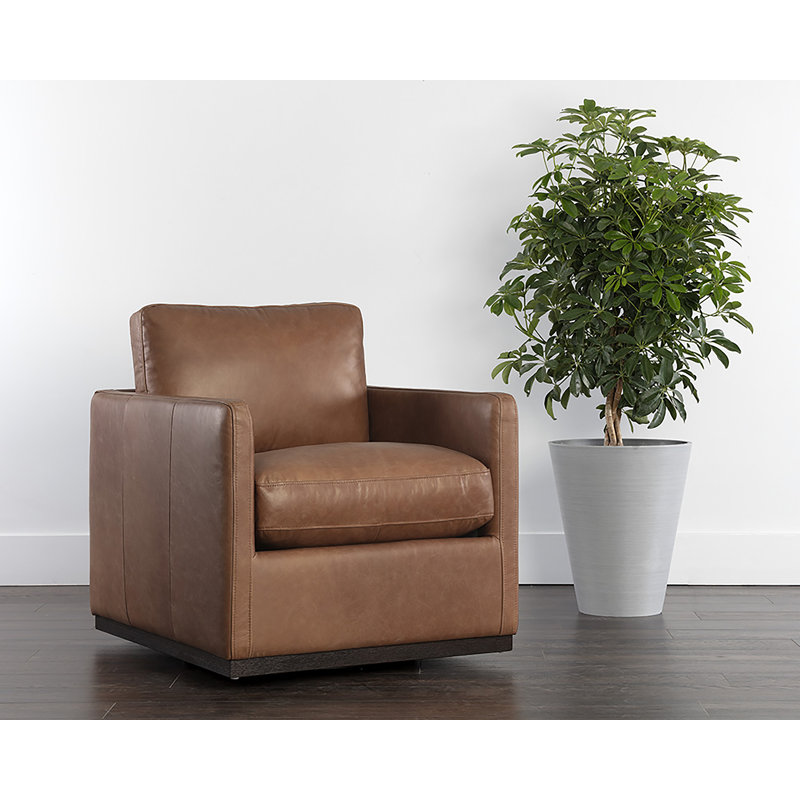 Upholstered Swivel Club Chair, Marseille Camel Top Grain Genuine Leather