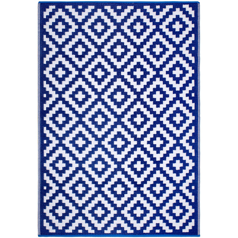 Tapis d'extérieur imperméable en paille recyclée Izna, Rectangle 6 pi x 9 pi,  Aztec - Blue/White