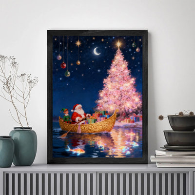 Cadre noir, rêve de Noël, père Noël, bateau, art mural, décoration festive, cadre