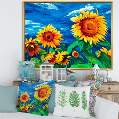 Deux tournesols sous un ciel bleu vif - peinture sur toile