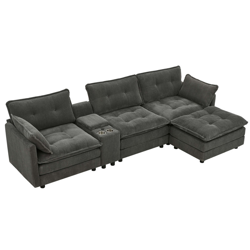 Canapé modulaire surdimensionné en L 119 po en velours côtelé avec 1 repose-pieds et console multifonctionnelle, canapé rembourré 4 places avec port USB et 2 porte-gobelets, facile à assembler pour le salon, gris