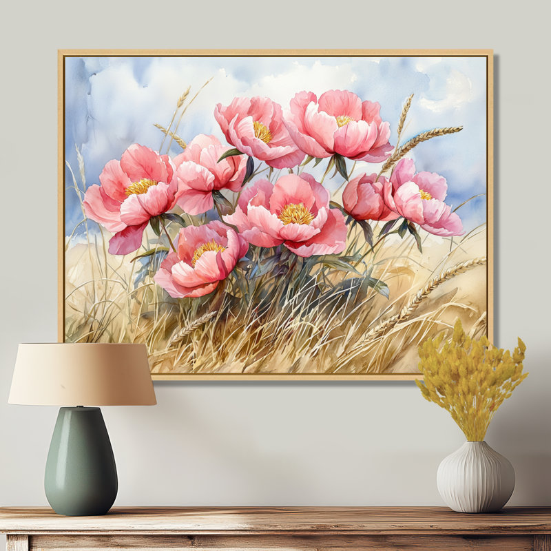 Doylene pivoines dans le champ d'herbe de blé III - pivoines, art mural, H 12 po x l 20 po, Impression encadrée flottante