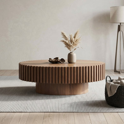 FFZ 44" Modern Ellipse Drum Coffee Table with Sturdy Pedestal Base and Black Mdf